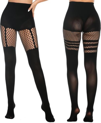 Womens Faux Thigh High Fishnet Stockings Stitching Opaque Pantyhose Mock Over the Knee Goth Striped Suspender Tights