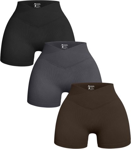 Women's 3 Piece Yoga Shorts Ribbed Seamless Workout High Waist Cross Over Athletic Leggings