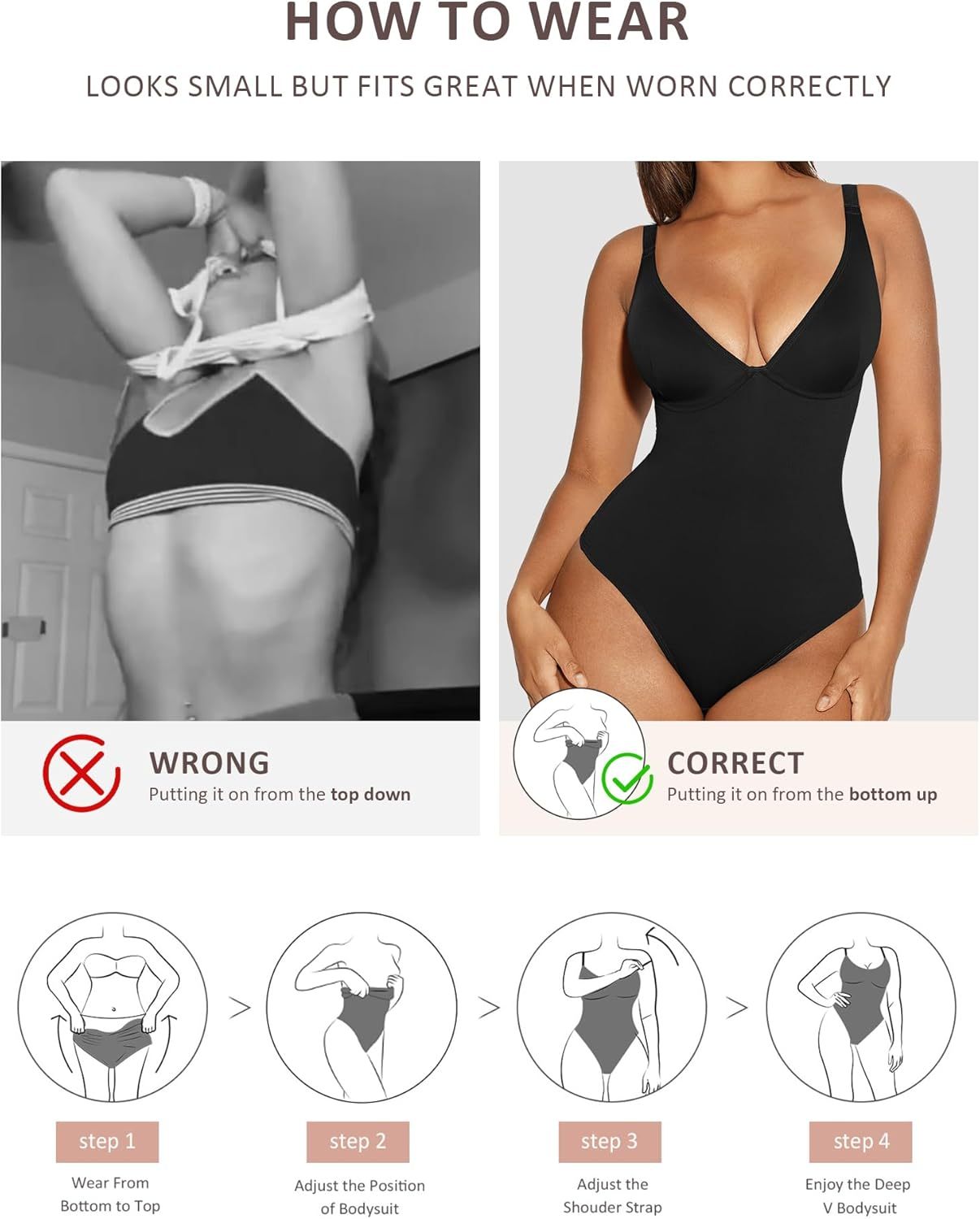 Vibecurve® Shapewear Bodysuit Tummy Control Slim Body Shaper Deep V Neck Thong Body Suits for Women