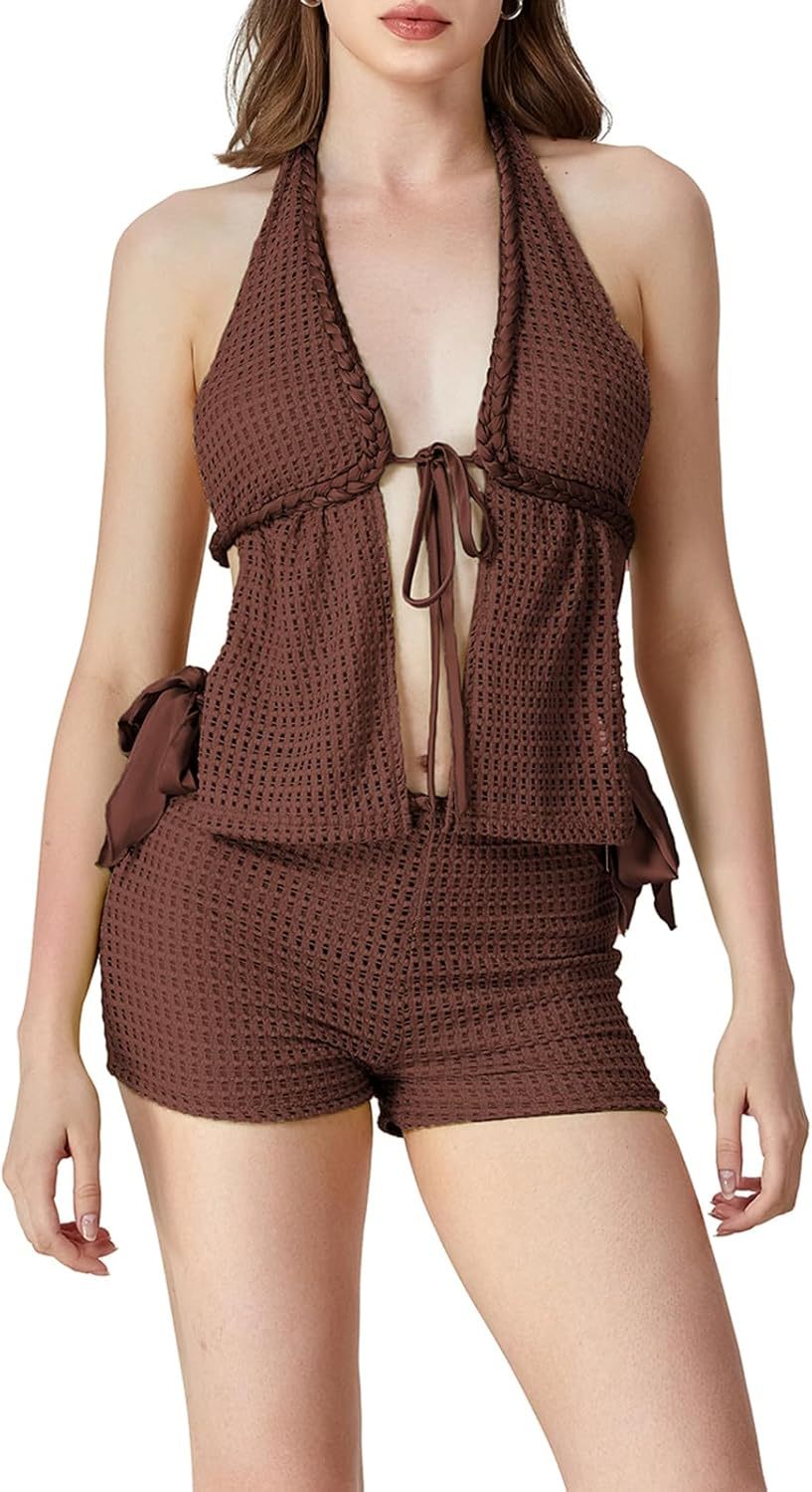 Vibecurve® Women Summer 2Pcs Crochet Shorts Set Tie Up Halter Open Back Split Tank Top Hollow Out Boho Shorts Club Beachwear