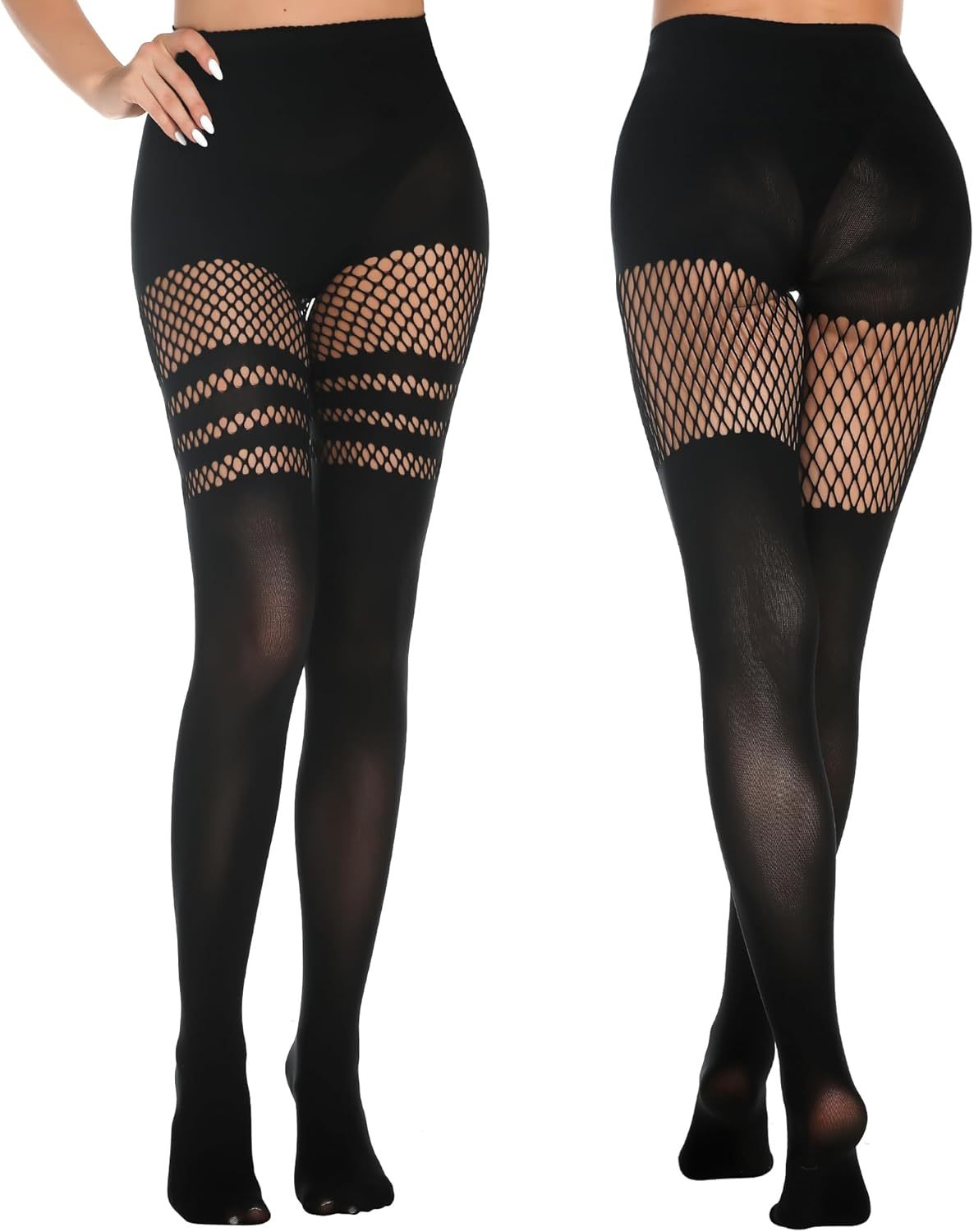 Womens Faux Thigh High Fishnet Stockings Stitching Opaque Pantyhose Mock Over the Knee Goth Striped Suspender Tights