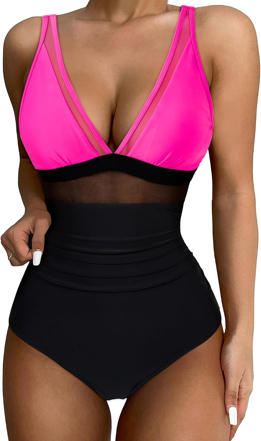 SUUKSESS Women Sexy Mesh Tummy Control Swimsuit Push Up High Waisted Bathing Suit