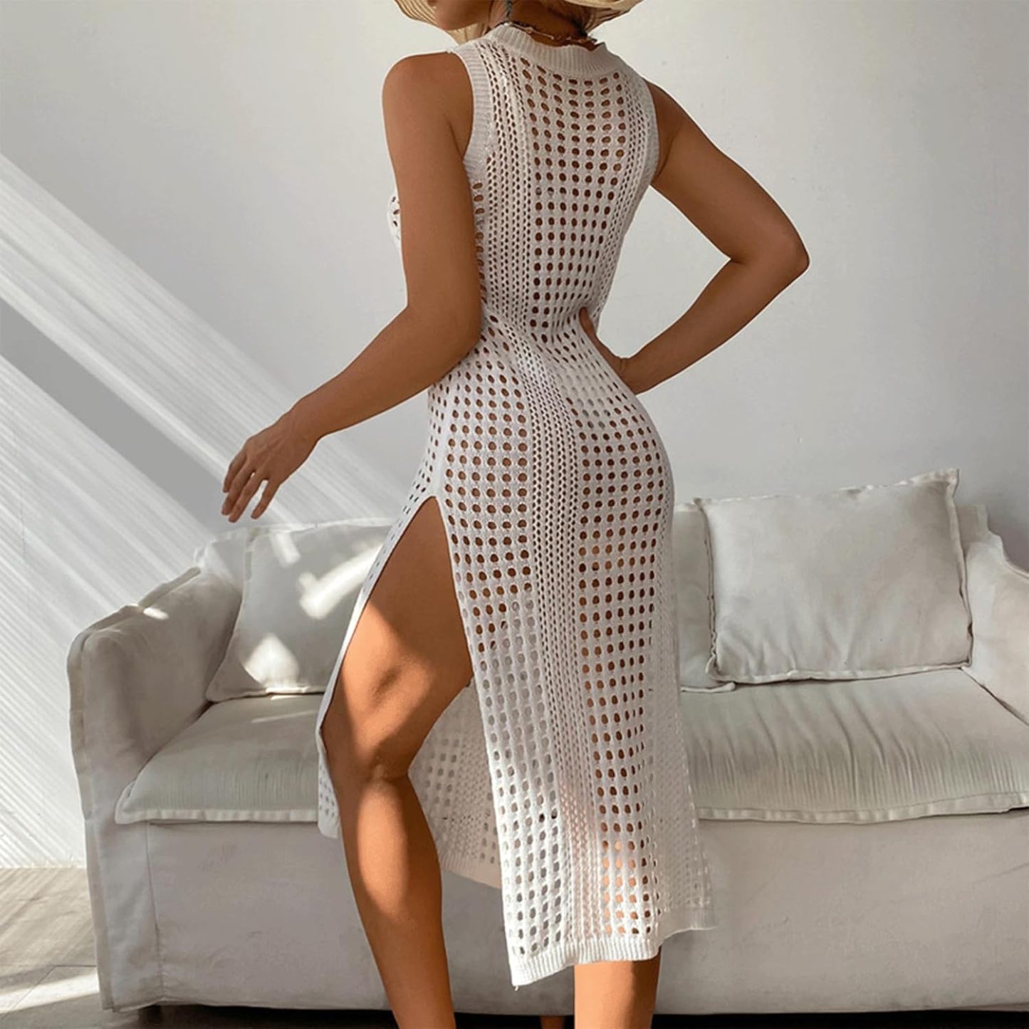 Vibecurve®Swimsuit Women Cover Up Round Neck Sleeveless Breathable Knitted Crochet Dress with High Side Slit