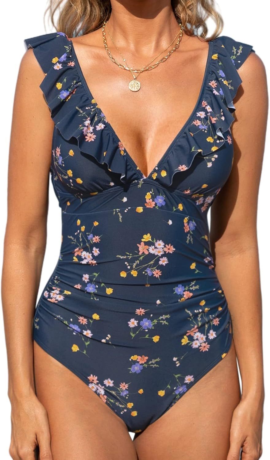 Vibecurve® Women's Ruffled One Piece Swimsuit V Neck Lace Up