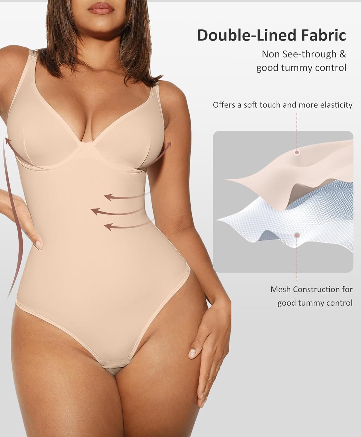 Vibecurve® Shapewear Bodysuit Tummy Control Slim Body Shaper Deep V Neck Thong Body Suits for Women