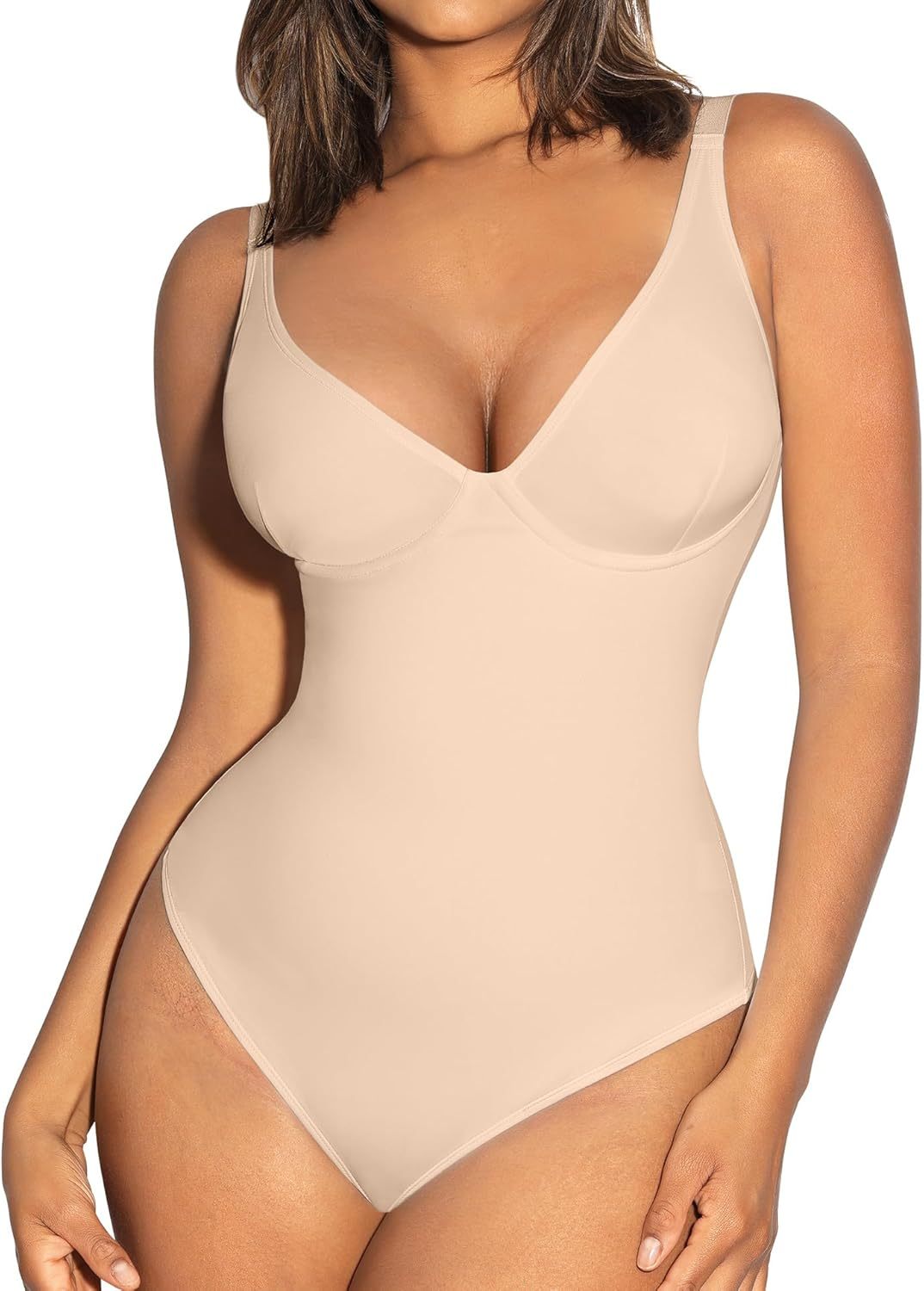Vibecurve® Shapewear Bodysuit Tummy Control Slim Body Shaper Deep V Neck Thong Body Suits for Women