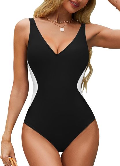 Vibecurve® Women's One Piece Swimsuit Slimming Tummy Control Bathing Suit Deep V Neck Color Block Lace Up Back Swimwear