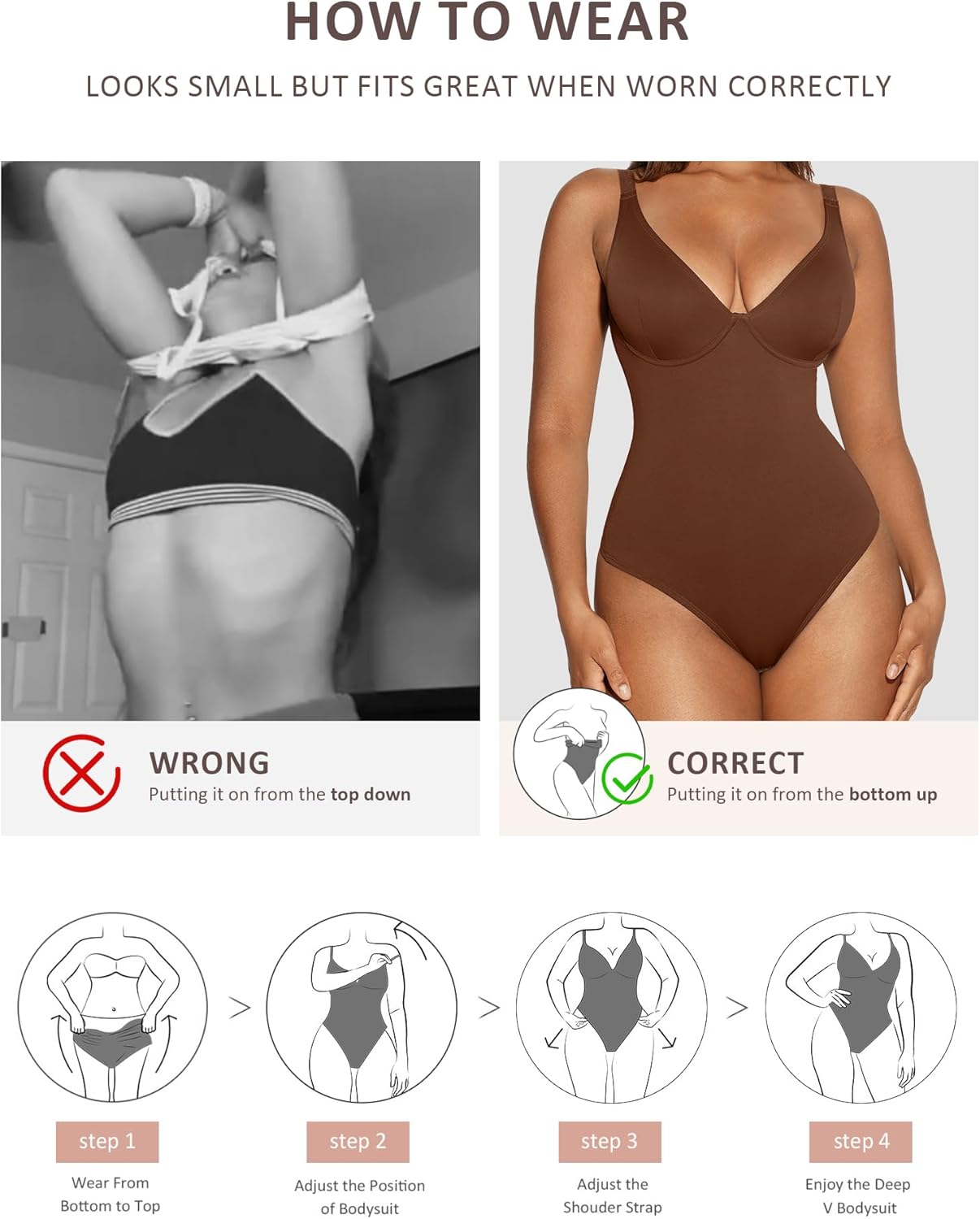 Vibecurve® Shapewear Bodysuit Tummy Control Slim Body Shaper Deep V Neck Thong Body Suits for Women