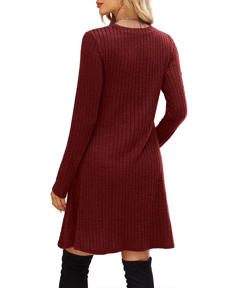 Vibecurve® Long Sleeve Dress for Women Crew Neck Empire Waist Tunic Dress with Pockets