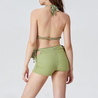 Vibecurve® Women Summer 2Pcs Crochet Shorts Set Tie Up Halter Open Back Split Tank Top Hollow Out Boho Shorts Club Beachwear