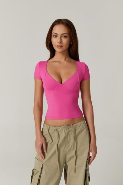 Vibecurve® Women's V Neck Short Sleeve T Shirts Double Lined Tee Seamed Cup Going Out Tops