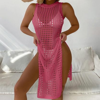 Vibecurve®Swimsuit Women Cover Up Round Neck Sleeveless Breathable Knitted Crochet Dress with High Side Slit