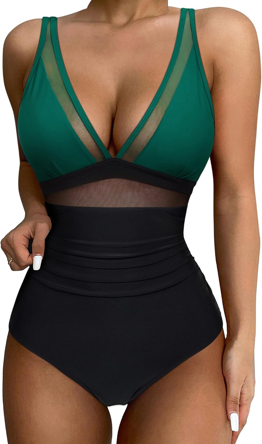 SUUKSESS Women Sexy Mesh Tummy Control Swimsuit Push Up High Waisted Bathing Suit