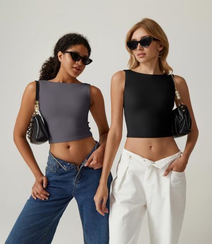 Vibecurve® Women's Sexy Backless Sleeveless Short Top With High Neck Slim Y2k Short T-Shirt