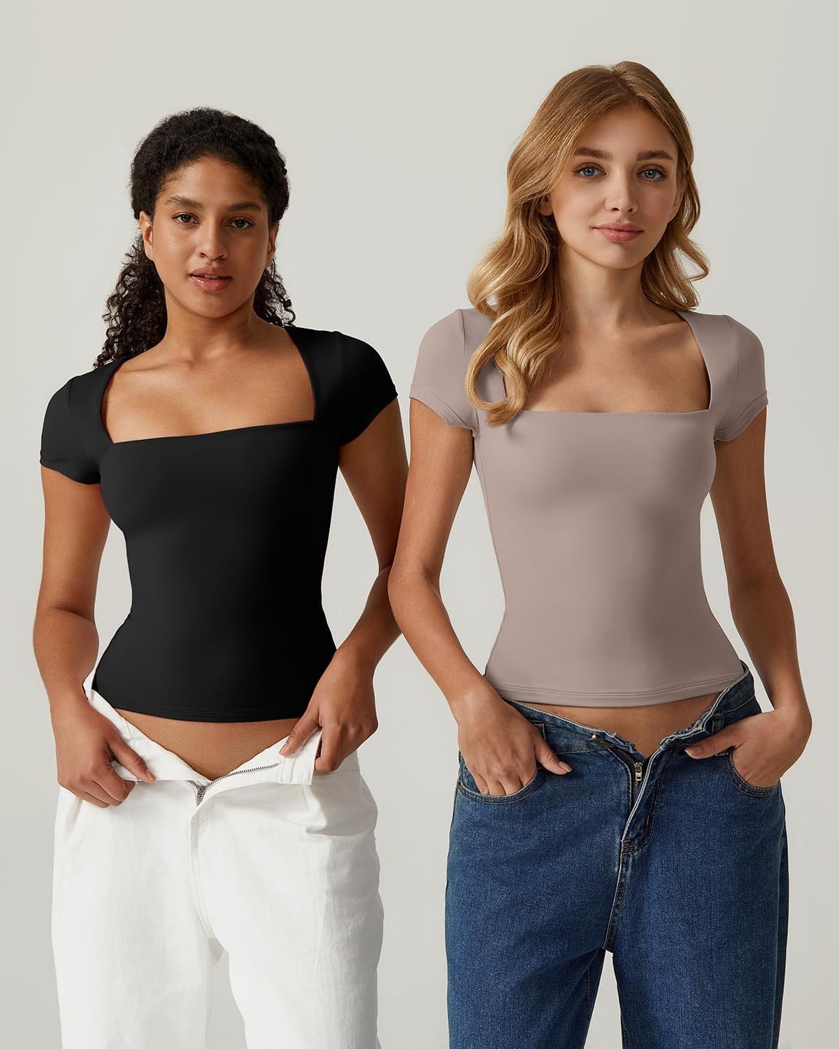 Vibecurve® Women's Square Neck Short Sleeve T Shirts Double Lined Basic Tee Slim Fit Tops