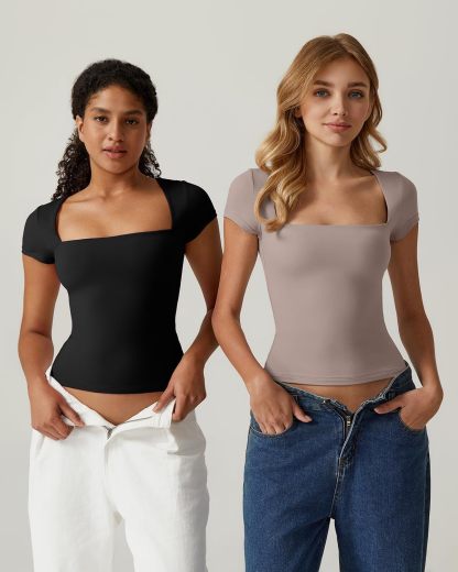 Vibecurve® Women's Square Neck Short Sleeve T Shirts Double Lined Basic Tee Slim Fit Tops