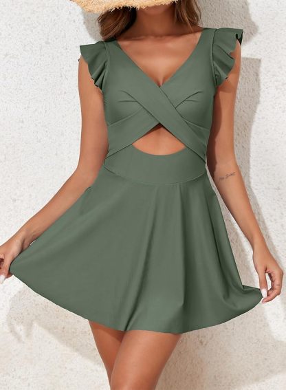 Vibecurve® Women's One Piece Swimsuit Ruffle Cutout Swimdress Tummy Control V Neck Wrap Swimwear