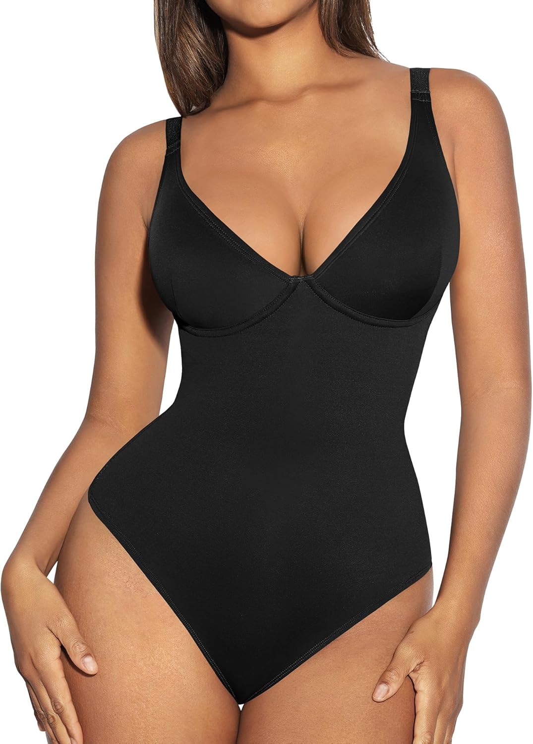 Vibecurve® Shapewear Bodysuit Tummy Control Slim Body Shaper Deep V Neck Thong Body Suits for Women