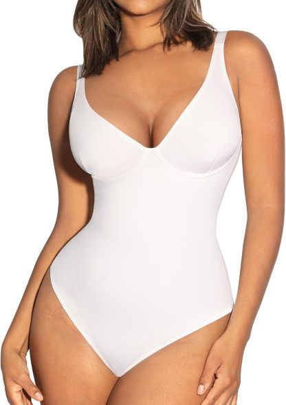Vibecurve® Shapewear Bodysuit Tummy Control Slim Body Shaper Deep V Neck Thong Body Suits for Women
