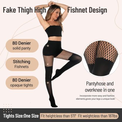 Womens Faux Thigh High Fishnet Stockings Stitching Opaque Pantyhose Mock Over the Knee Goth Striped Suspender Tights