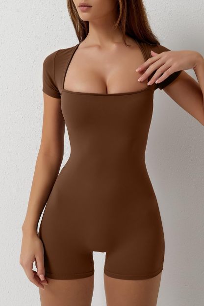 Women's Short Sleeve Bodycon Romper Stretchy Square Neck Sexy Unitard Jumpsuit