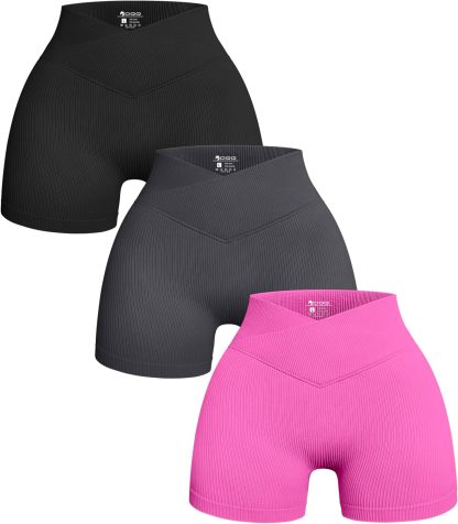 Women's 3 Piece Yoga Shorts Ribbed Seamless Workout High Waist Cross Over Athletic Leggings