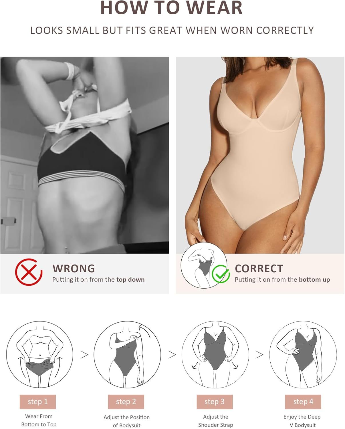 Vibecurve® Shapewear Bodysuit Tummy Control Slim Body Shaper Deep V Neck Thong Body Suits for Women