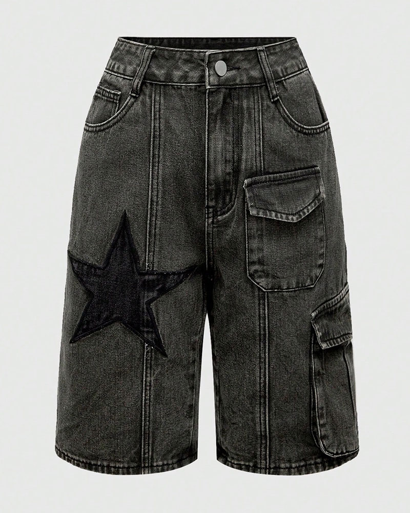 Vibecurve® Grunge Punk Unisex Punk Street Style Star Design 3D Pocket Distressed Washed Denim Bermuda Shorts