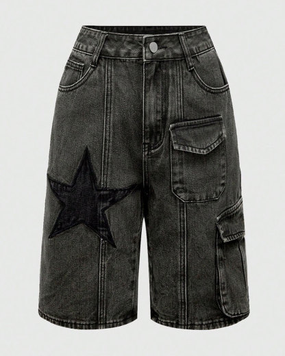 Vibecurve® Grunge Punk Unisex Punk Street Style Star Design 3D Pocket Distressed Washed Denim Bermuda Shorts