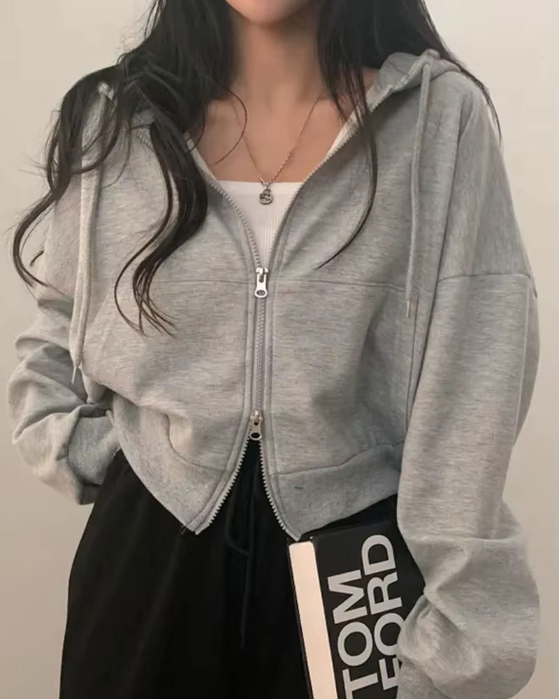 Vibecurve® Versatile Hooded Double Zipper Design Loose Casual Long Sve ort Sweatirt