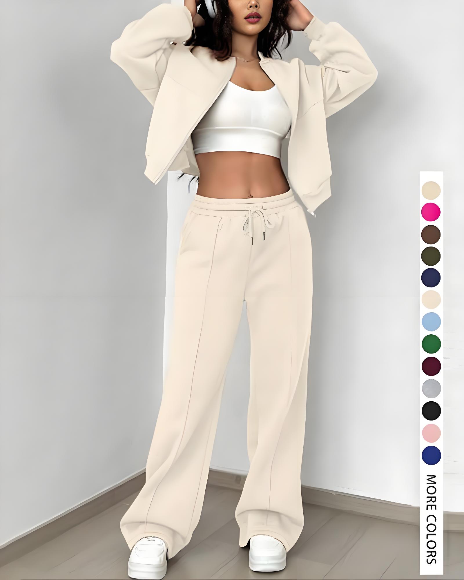 Vibecurve® Two-piece Set Women's Solid Zip Up Drop Shoulder Jacket & Pocket Elastic Waist Pants