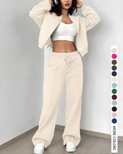 Vibecurve® Two-piece Set Women's Solid Zip Up Drop Shoulder Jacket & Pocket Elastic Waist Pants