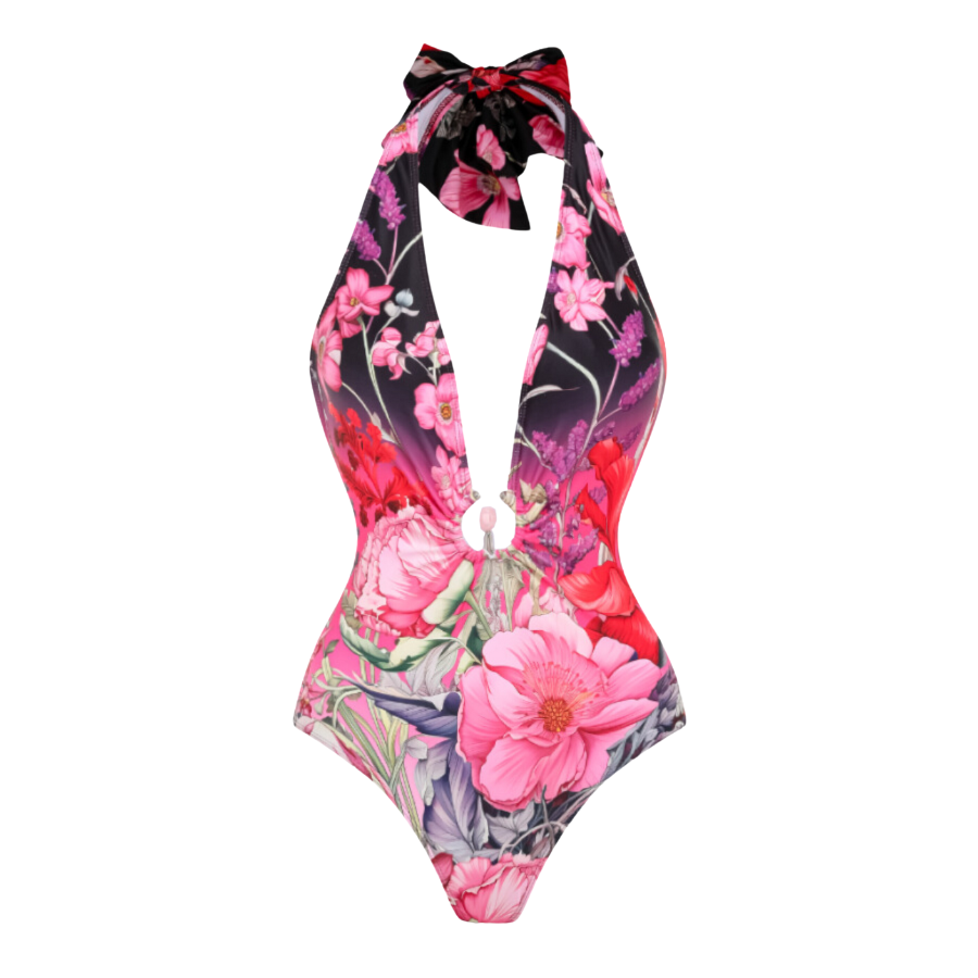 Deep V Neck Halter Printed One Piece Swimsuit and Sarong, Only swimsuit · L