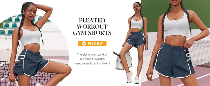Product Introduction of Fisace Womens Workout Gym Shorts Running Pleated Contrast Stitch Elastic Waist Athletic Quick Dry Short Gymclothes 9