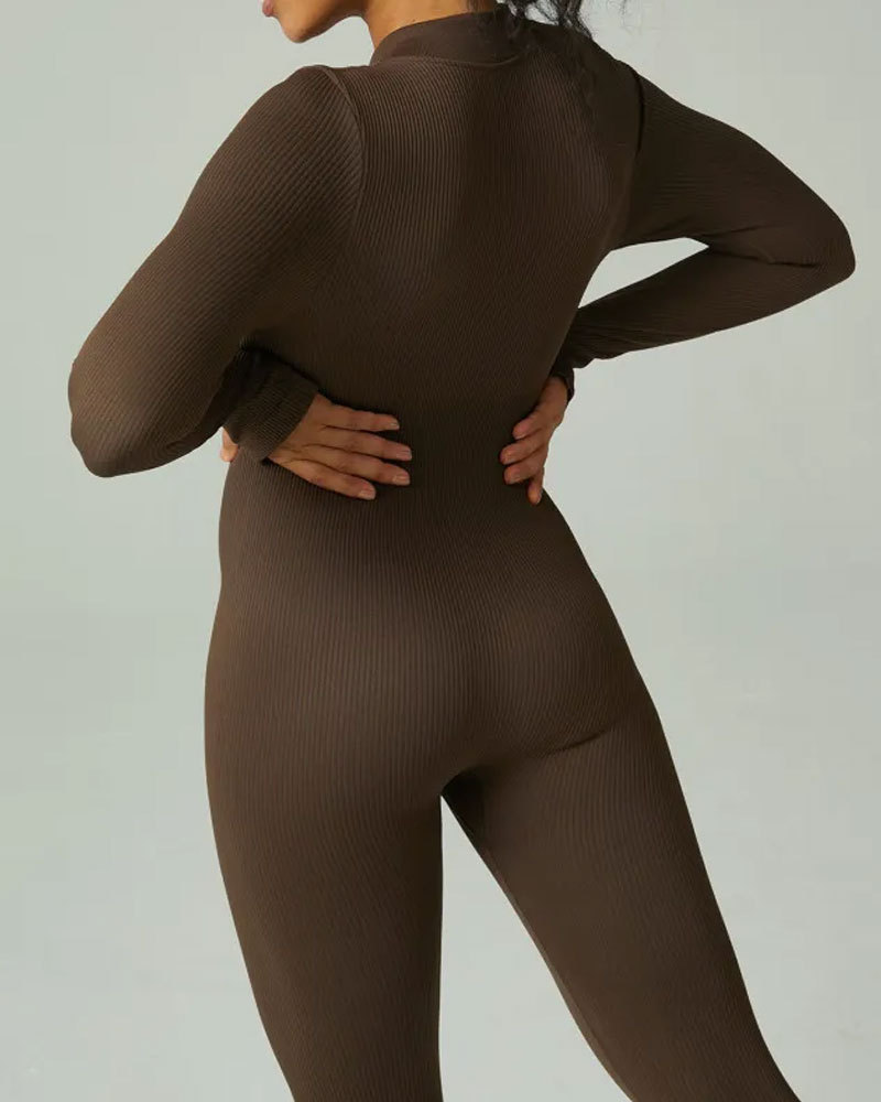 Vibecurve® Seamless Zipper Long Sleeve Tight Threaded One-Piece Yoga Suit For Women