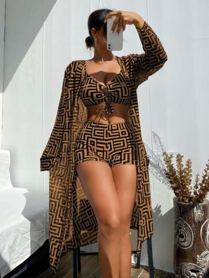 Vibecurve® Three-Piece Set Women's Geometric PrintDrawstring Swimsuit Set