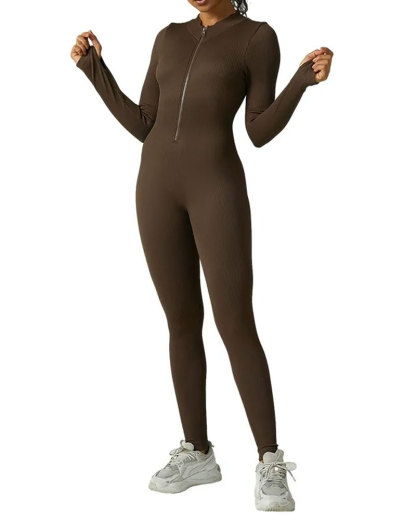 Vibecurve® Seamless Zipper Long Sleeve Tight Threaded One-Piece Yoga Suit For Women