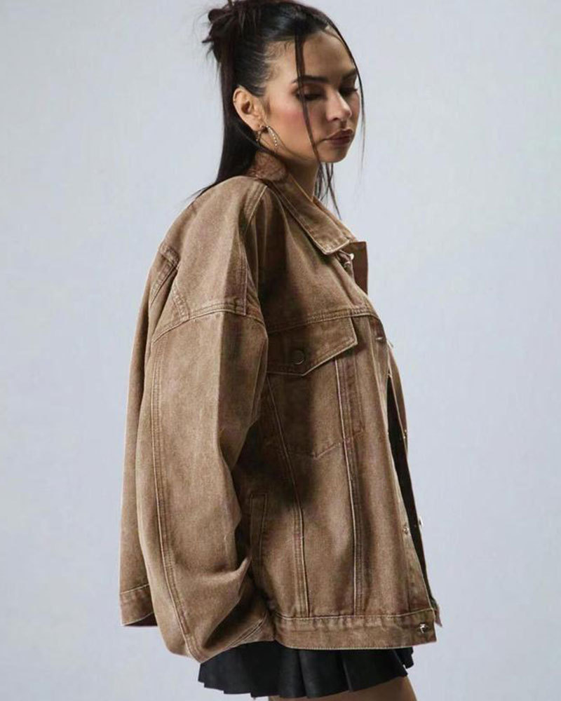 Vibecurve® Plain Button Front Drop Shoulder Denim Coat