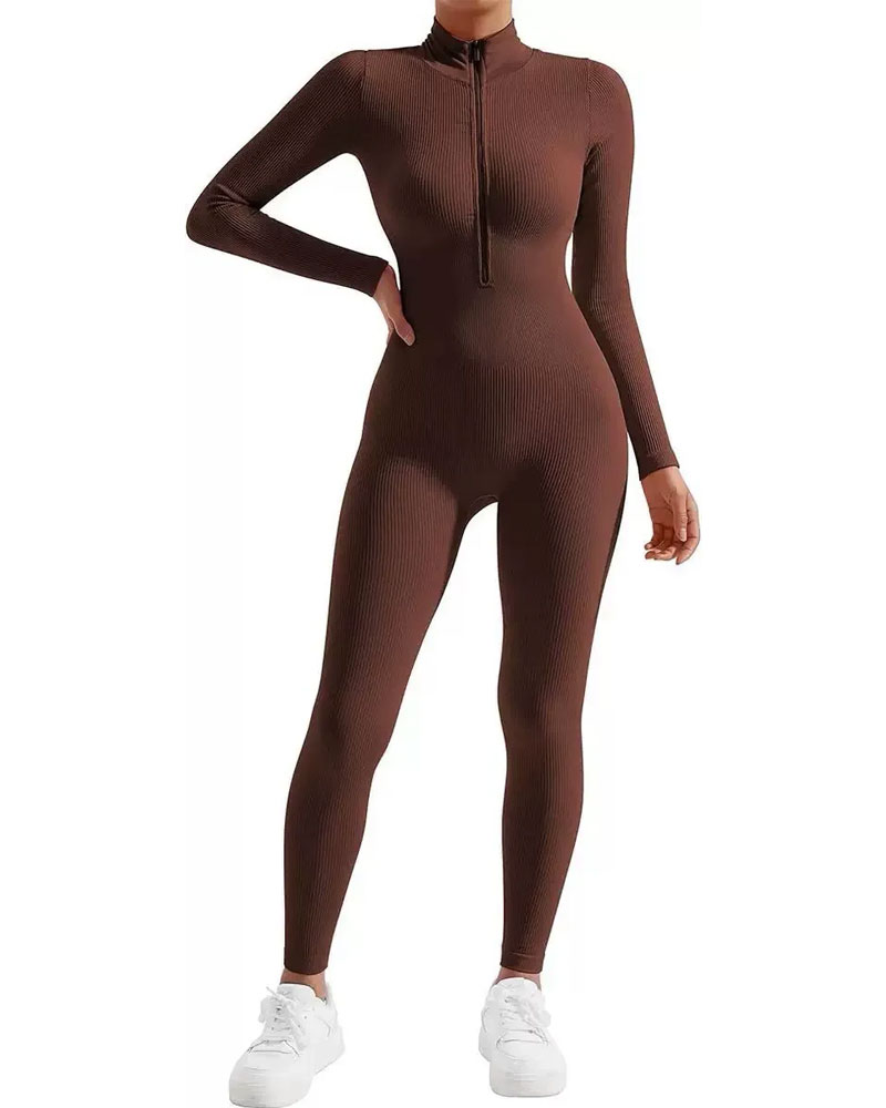 Vibecurve® Seamless Zipper Long Sleeve Tight Threaded One-Piece Yoga Suit For Women