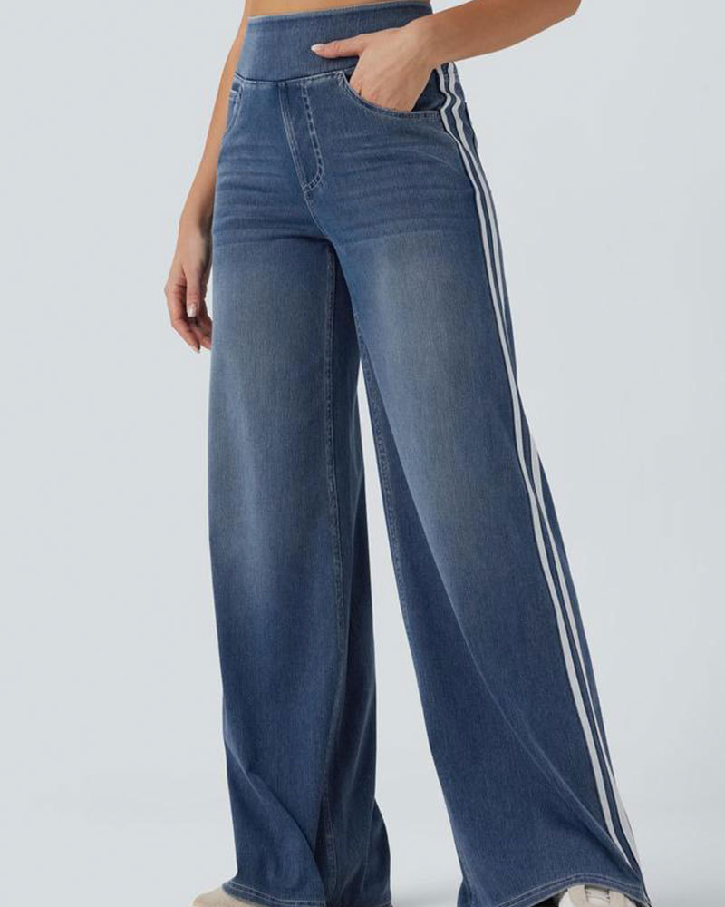 Vibecurve® High Waisted Stripe Wide Leg Flowy Washed Casual Jeans with Pockets
