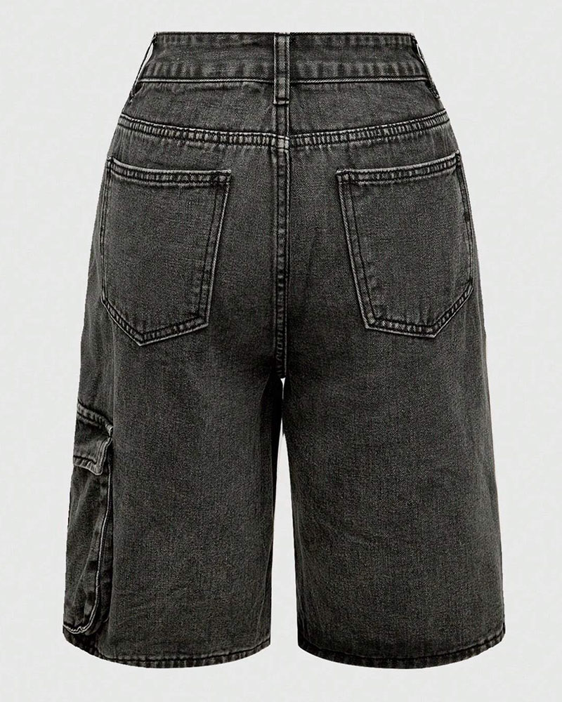 Vibecurve® Grunge Punk Unisex Punk Street Style Star Design 3D Pocket Distressed Washed Denim Bermuda Shorts