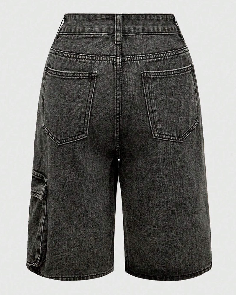 Vibecurve® Grunge Punk Unisex Punk Street Style Star Design 3D Pocket Distressed Washed Denim Bermuda Shorts