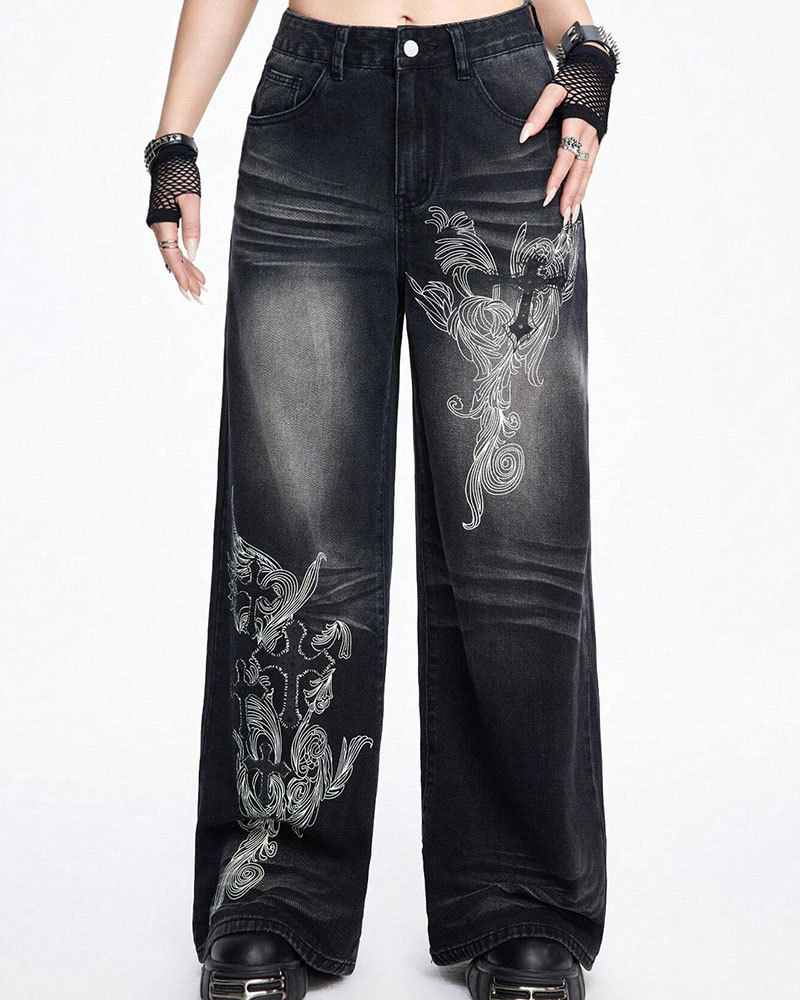 Vibecurve® Grunge Punk Women's Loose Fit Cross Patterned Pocket Flared Casual Jeans