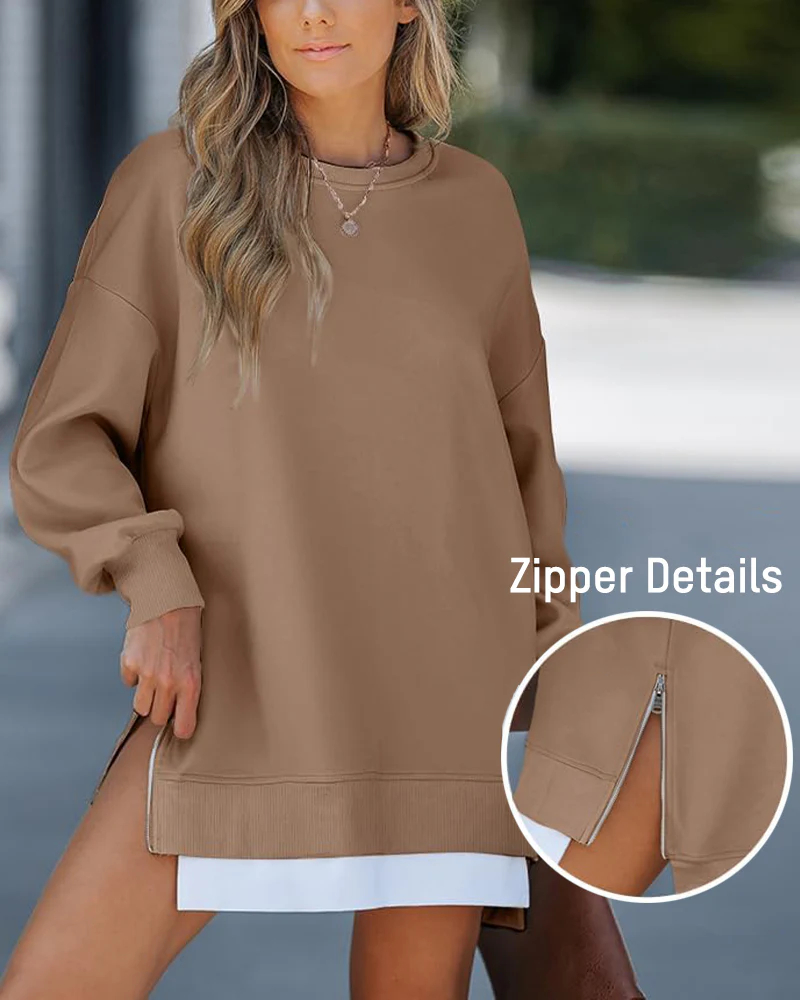 Vibecurve® Casual Long Sleeve Zipper Slit Oversized Sweatshirt