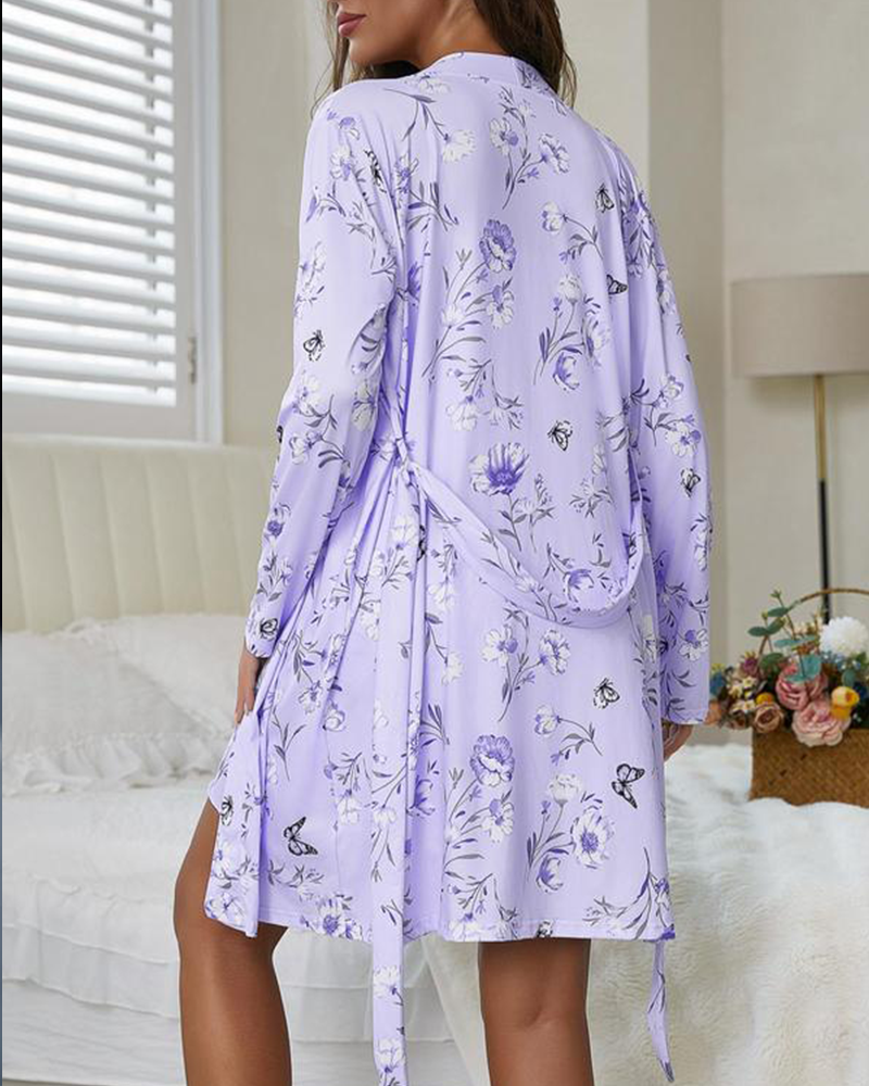 Vibecurve® Floral Print Belted Robe & Cami Nightdress Two-piece Set