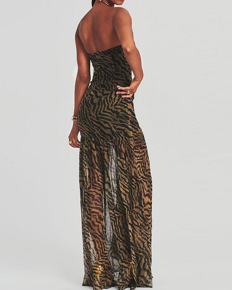 Vibecurve® Tube Top Dress Strapless Backless Mesh Patchwork Tropical Leopard Print High Slit Long Dress