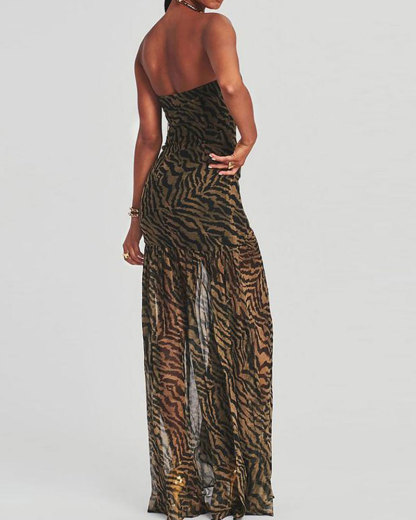 Vibecurve® Tube Top Dress Strapless Backless Mesh Patchwork Tropical Leopard Print High Slit Long Dress