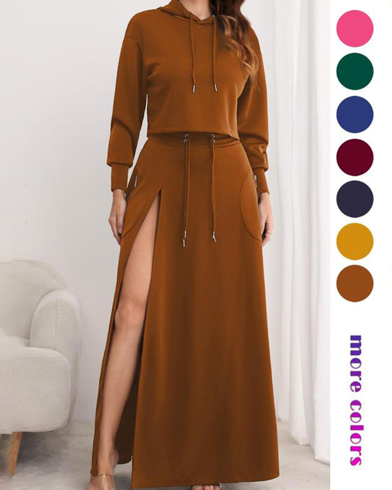 Vibecurve® Women's Solid Drawstring Hoodie & Split Thigh Skirt Set