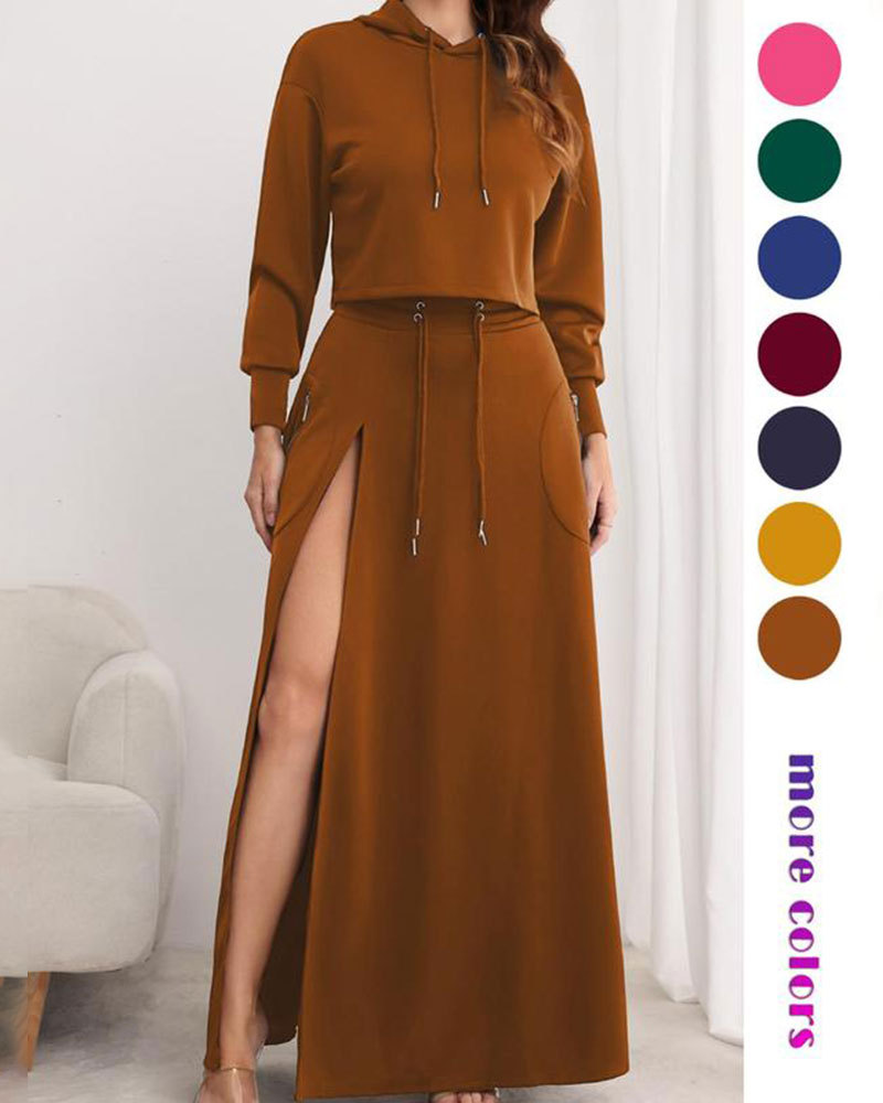 Vibecurve® Women's Solid Drawstring Hoodie & Split Thigh Skirt Set