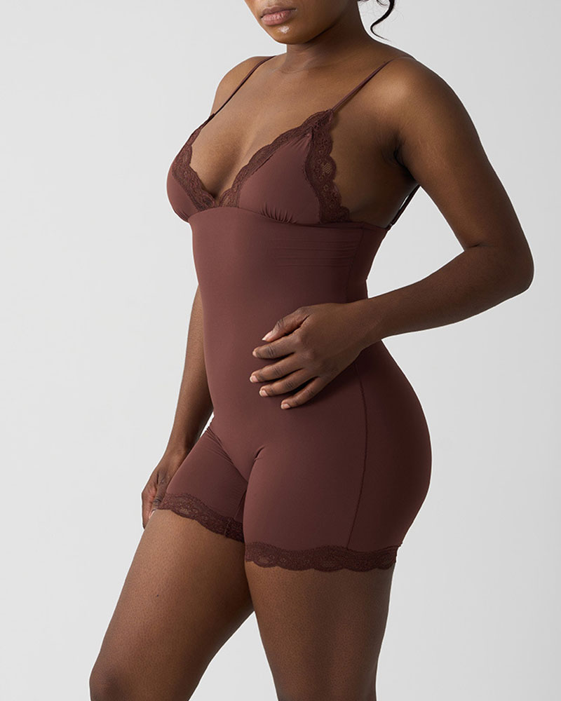 Vibecurve® Lace Trimmed Spaghetti Straps Bodysuit